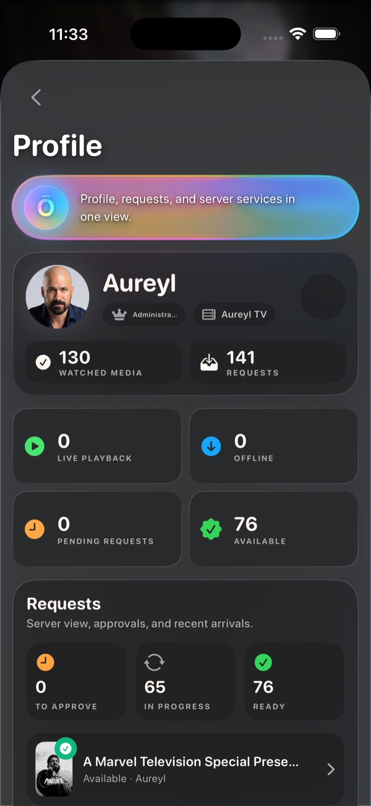 Ōree profile screen with account and request metrics.